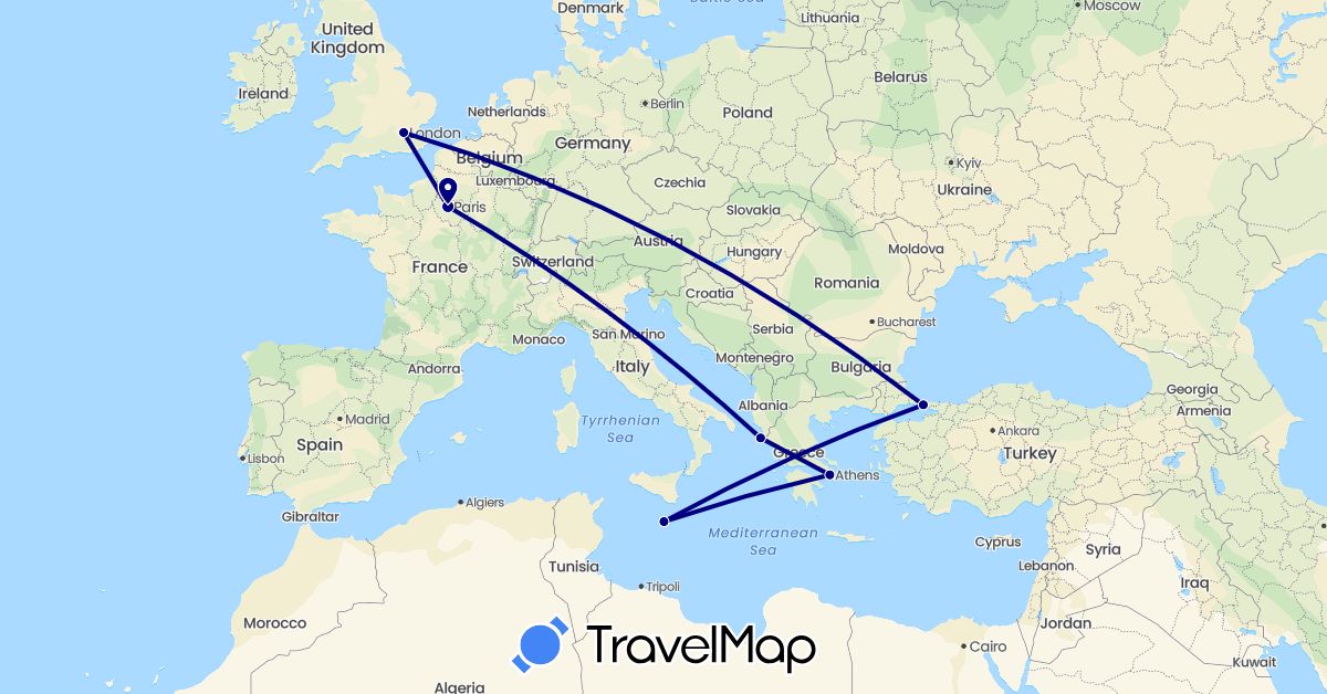 TravelMap itinerary: driving in France, United Kingdom, Greece, Malta, Turkey (Asia, Europe)